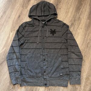 Vintage Zoo York Gray Black Striped Button Up Hoodie Sz Medium Y2K Cardigan